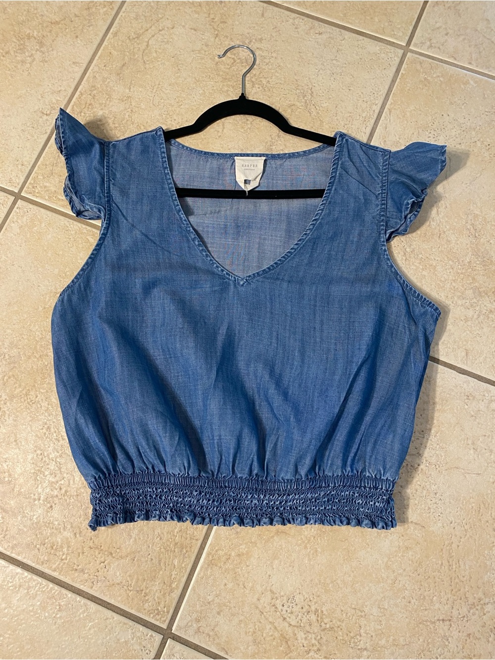 Harper Heritage Blue Chambray V-Neck Smocked Crop Top